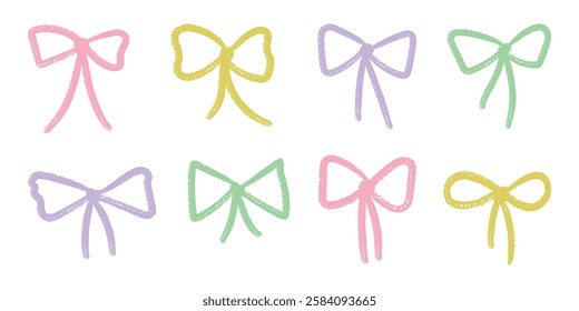 Coquette crayon bow set. Color chalk brush ribbons. Hand drawn lines bowknots for girly, birthday, gift, wedding. Cute elegant Isolated vector illustration.
