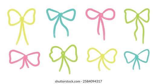 Coquette crayon bow set. Color chalk brush ribbons. Hand drawn lines bowknots for girly, birthday, gift, wedding. Cute elegant Isolated vector illustration.