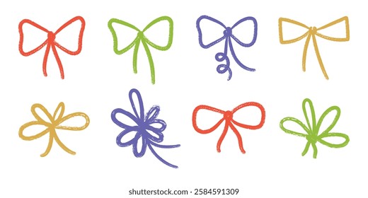 Coquette crayon bow set. Color chalk brush ribbons. Hand drawn lines bowknots for girly, birthday, gift, wedding. Cute elegant Isolated vector illustration.