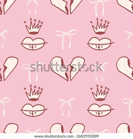 Coquette crayon seamless pattern. Girly sketch grunge endless background. Bow and broken heart, lips with crown repeat cover. Doodle falling love continuous ornament. Vector print.