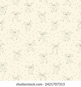 Coquette cream bows on a cream and black polka dot background pattern. Cute seamless vector pattern with lovely cream bows and black border in a loose style.Feminine pattern with neutral tones.