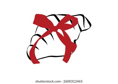 Coquette croissant with bow in hand drawn style. Cute baked food with ribbon in simple crayon and sketch style. Trendy art for menu and banner for holidays. Doodle outline vector illustration