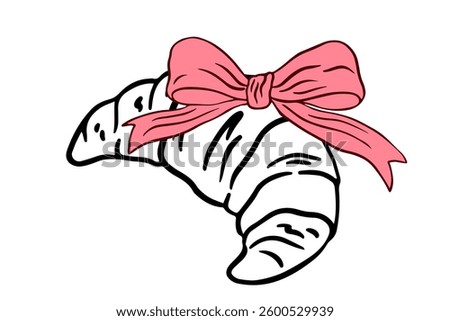Coquette croissant with bow in hand drawn style. Elegant dining lineart element, cute Paris bakery food with ribbon in simple crayon and sketch style. Vintage ink clipart casual scribble.