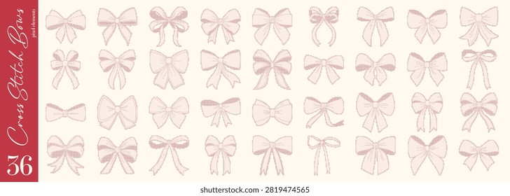 Coquette cross stitch bow collection. Whimsical pixel needlecraft elements in embroidery style