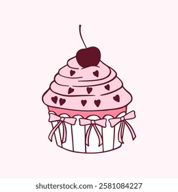 Coquette Cupcake con cereza y arcos dibujados a mano Clipart rosa. Vector vintage doodle panadería. Ilustración de niña rococó