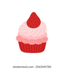 Coquette cupcake decorated with whipped cheese cream, cute strawberry. Sweet muffin in red paper cup. Baked dessert, small cake. Flat vector clipart