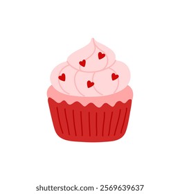 Coquette cupcake decorated with whipped cheese cream, cute hearts. Sweet muffin in red paper cup. Holiday dessert, small cake. Flat vector clipart