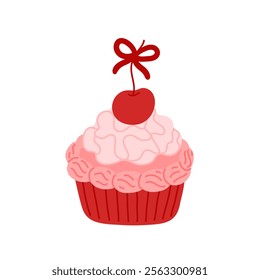 Coquette cupcake decorated with whipped cream, cherry berry, cute bow. Sweet muffin in red paper cup. Baked dessert, small cake. Flat vector clipart