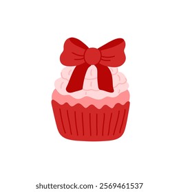 Coquette cupcake decorated with whipped cream, cute red bow. Sweet muffin in red paper cup. Baked dessert, sugar snack, small cakes. Flat vector clipart