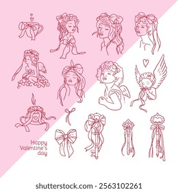 Coquette cupid characters keys and cup elements decorated with coquette bows, ribbons. Elegant linear vintage angel with satin bow. Hand drawn line art vector illustrations for wedding and valentine