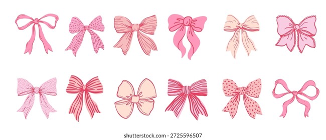 Coquette Cute Bogen-Set. Handgezeichnete Vintage-Bänder. Für Bachelorette-Party, Hochzeit, Geburtstagsparty Einladung, und Social-Media-Vorlage Dekoration, und Grüße im Retro-Stil. Minimalistische Vektorelemente, Kritzelei und ein Banner.