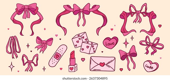 Coquette cute girly pink decorative elements set. Retro feminine doodles of ribbon bow frames and love letter, lipstick and dice, heart shape candies and patch. Female cartoon vintage ornaments.