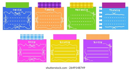 Coquette Daily Planner template design. Vector illustration of playful Coquettish style Day plan with bows and ribbons. Perfect girly child colored Planner list set. EPS 10