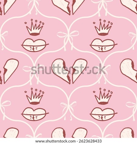 Coquette damask crayon seamless pattern. Girly ogee grunge endless background. Bow and broken heart, lips with crown repeat cover. Doodle falling love continuous ornament. Vector print.