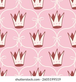 Coquette damask seamless pattern. Crown and ribbons ogee endless background. Bow and royal repeat cover. Crayon continuous ornament. Surface pattern design ribbon motif Vector hand drawn queen bg.