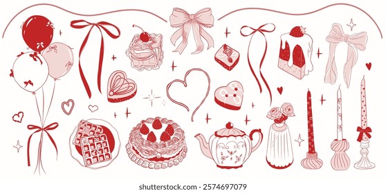 Coquette Valentine’s Day elements collection featuring hand-drawn decorations with hearts, bows, desserts, candles, flowers, and teapot in elegant red tones perfect for love-themed designs 