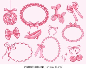 Coquette decorative elements. Girly bows on Y2k ruffled ribbon frame, pump shoe, disco ball and pink cherry. Girl party accessories vintage vector illustration. Shiny pink satin gift bow collection