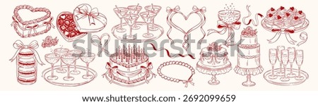 Coquette Dessert and Party Elements. Cakes, cupcakes, macarons, chocolate heart box, ribbons, hearts and champagne glasses. Romantic celebration line art set