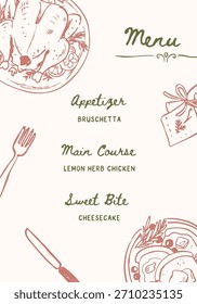 Doodle de Plantilla del menú de la cena de la coqueta. Lindo marco adornado e iconos de comida de restaurante. Ilustración vectorial dibujada a mano