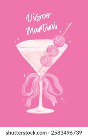 Coquette Disco Bal Martini Vidrio con Cinta Rosa Arco Acuarela