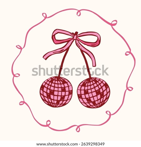 Coquette disco ball with bow. A charming collection of doodle line art featuring romantic berries and sweet symbols, perfect for Valentine's Day designs, greeting cards and invitations