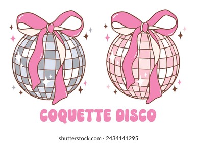 Coquette Disco ball with pink ribbon bow illustration, trendy groovy vibes disco era.