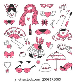 Coquette Doodle Symbols Set. Hand drawn collection of vintage femininity Fashion Accessories and Symbols. Black outline with pink color. Vector illustration