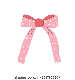 Coquette dotted bow. Hair pink accessory. Vector girly ribbon collection isolated on white background.