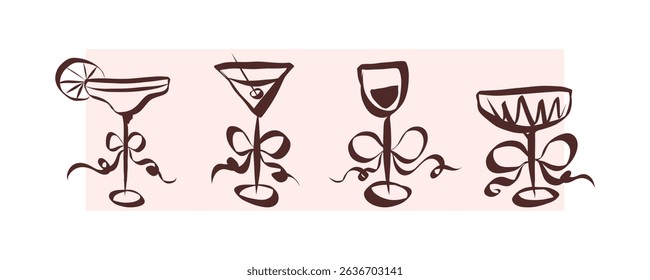 Coquette drinks and cocktails hand drawn. Cute glasses with ribbon and bow for menu in crayon and sketch style. Trendy art for bachelorette party and wedding invitations. Contour vector illustration