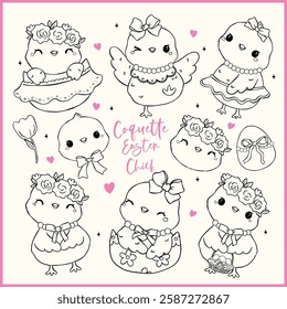 Coquette Easter baby Chicken with Bow and Egg, Whimsical Cartoon Hand Drawn Doodle Outline Set