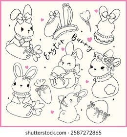 Coquette Easter Bunny with Bow and Egg, Whimsical Cartoon Hand Drawn Doodle Outline Set