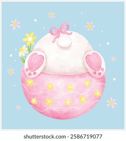 Coquette Easter bunny Butt in egg watercolor adorable animal Hand Drawn