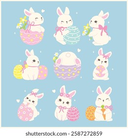 Coquette Easter Bunny with Egg Whimsical Rabbit Cartoon Flat design Set