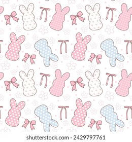 Coquette Easter bunny peep Seamless Pattern in pink theme with ribbon bow cartoon doodle hand drawing.