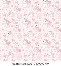 Coquette Easter bunny Seamless Pattern in pink theme with ribbon bow cartoon doodle hand drawing.