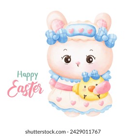 Coquette Easter bunny watercolor girly with chick. Series: Kawaii animals rabbit egg hunting (Character cartoon). Spring activities holiday. Perfect make a wish for baby t shirt fairy tale book.