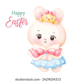 Coquette Easter bunny watercolor girly with sweet chick. Series: Kawaii animals rabbit egg hunting (Character cartoon). Spring activities holiday. Perfect make a wish for baby t shirt fairy tale book.