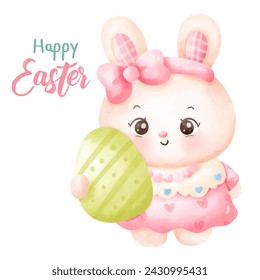 Coquette Easter bunny watercolor girly with egg. Series: Kawaii animals rabbit eggs hunting (Character cartoon). Spring activities holiday. Perfect make a wish for baby t shirt fairy tale book.