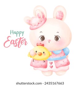 Coquette Easter bunny watercolor girly hug sweet chick. Series: Kawaii animals rabbit egg hunting (Character cartoon). Spring activities holiday. Perfect make a wish for baby t shirt fairy tale book.