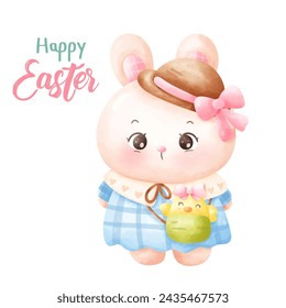 Coquette Easter bunny watercolor girly with sweet chick baby. Series: Kawaii animals rabbit egg hunting (Character cartoon). Spring activities holiday. Perfect make a wish for baby t shirt fairy tale.