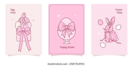 Coquette Easter pattern with hand drawn sketches, ink minimal line art illustrations. Cute bunny, eggs, basket, flowers, butterflies, and chick. Perfect for Easter cards, gifts, and decorations.