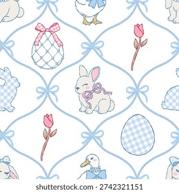 Coquette Easter Seamless Pattern, Blue Spring Tulip Digital Paper, Ribbon Bow and Pearl Fabric File, Elegant Easter Eggs Repeat Pattern Design Vector