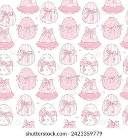 Coquette Easter Seamless Pattern easter eggs in pink theme with ribbon bow cartoon doodle hand drawing.