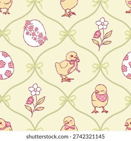 Coquette Easter Seamless Pattern, Spring Chick Daisy Digital Paper, Ribbon Bow and Pearl Fabric File, Elegant Easter Eggs Repeat Pattern Design Vector