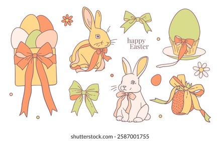 Coquette Easter set with hand drawn minimal line art vector illustrations. Cute bunny, rabbit, eggs strawberry with satin bows and ribbons. Easter cards, gifts, and decorations.
