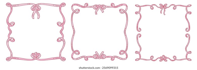 Coquette elegant decorative frames set featuring a ribbon bow design with flowing hand drawn contours. Vector flat illustration for invitations, cards, and artistic projects