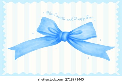 Coquette elegant ribbon bow light blue watercolor hand painting in a preppy aesthetic. This dainty ribbon illustration is perfect for wedding invitations and baby shower stationery.