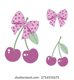 ​Nettes Coquette-Element-Set mit rosafarbenen Tupfenbögen und violetten Kirschen, ästhetische mädchenhafte Vektorgrafik-Clip-Art für Aufkleber, Schreibwaren und Modedesign, einzeln auf weißem Hintergrund.