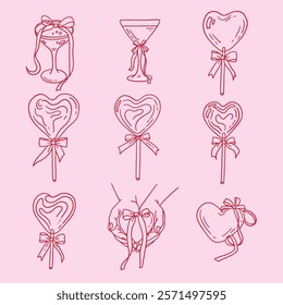 Coquette elements set with gift bow. Cocktails, lollipops, hearts with satin ribbon. Cute trendy line art set. Vector hand drawn illustration.