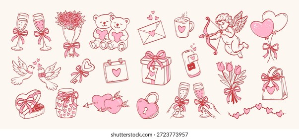 Coquette elements for Valentine's day decorated with whimsical bows, ribbons and heart. Cupid, flowers, cake, toy bear, cocktail, rose, tulips. Vintage hand drawn line art vector illustrations. 